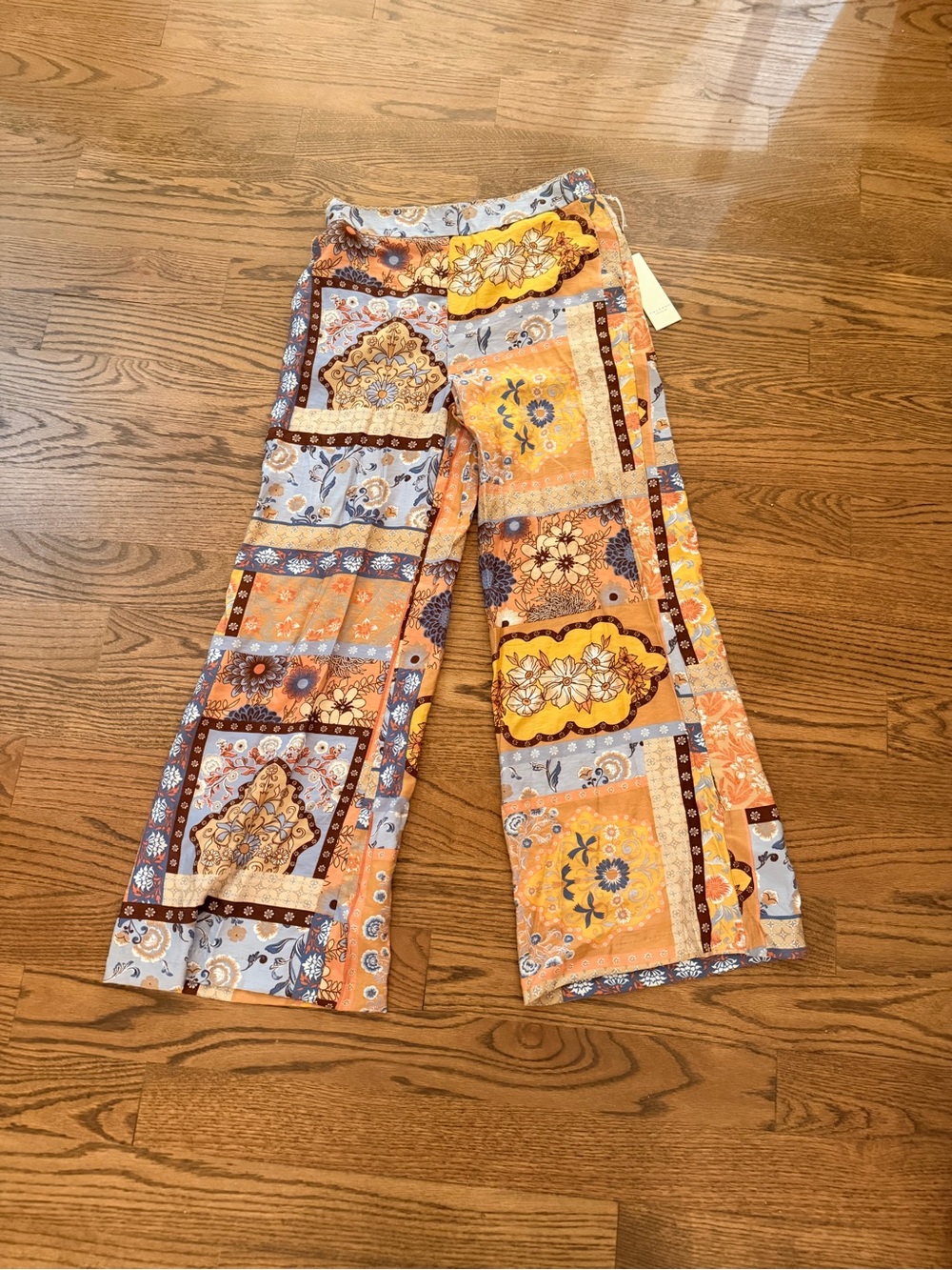 Patchwork Floral Wide-Leg Pants in Yellow & Blue